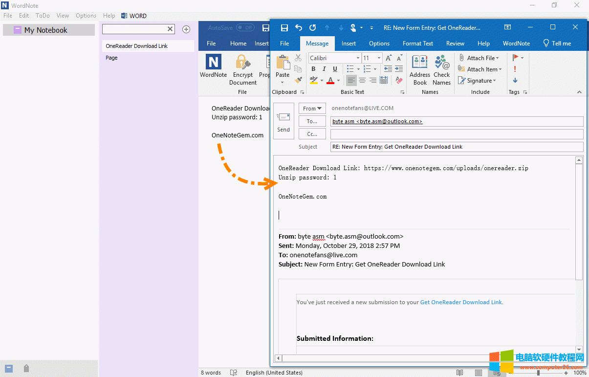 Outlook: 会打开一个回复邮件的窗口，WordNote 页面内容出现在回复邮件最上方 