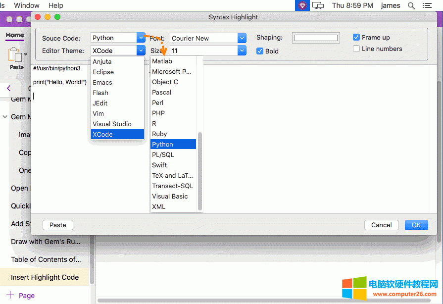 粘贴代码，选择计算机程序语言源代码类型 