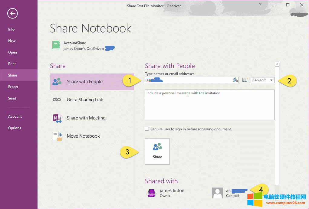 用户 A: 在 OneNote 2016 中共享一个笔记本给用户 B